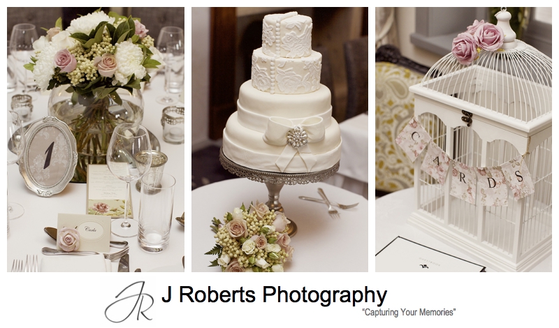 Vintage wedding details and cake at wedding reception - sydney wedding photography 